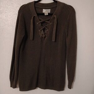 Ruby Moon Women's Lace-up Sweater Sz M Large Knit Olive Green